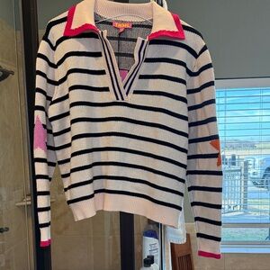THML Black and White Striped V-Neck Sweater with Pink and Orange Accents
